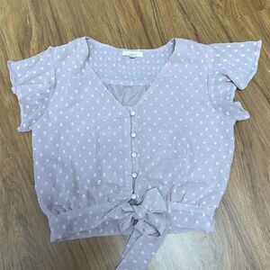 Sim & Sam Swiss Dot V Neck Ruffle Short Sleeve Blouse Sz M
